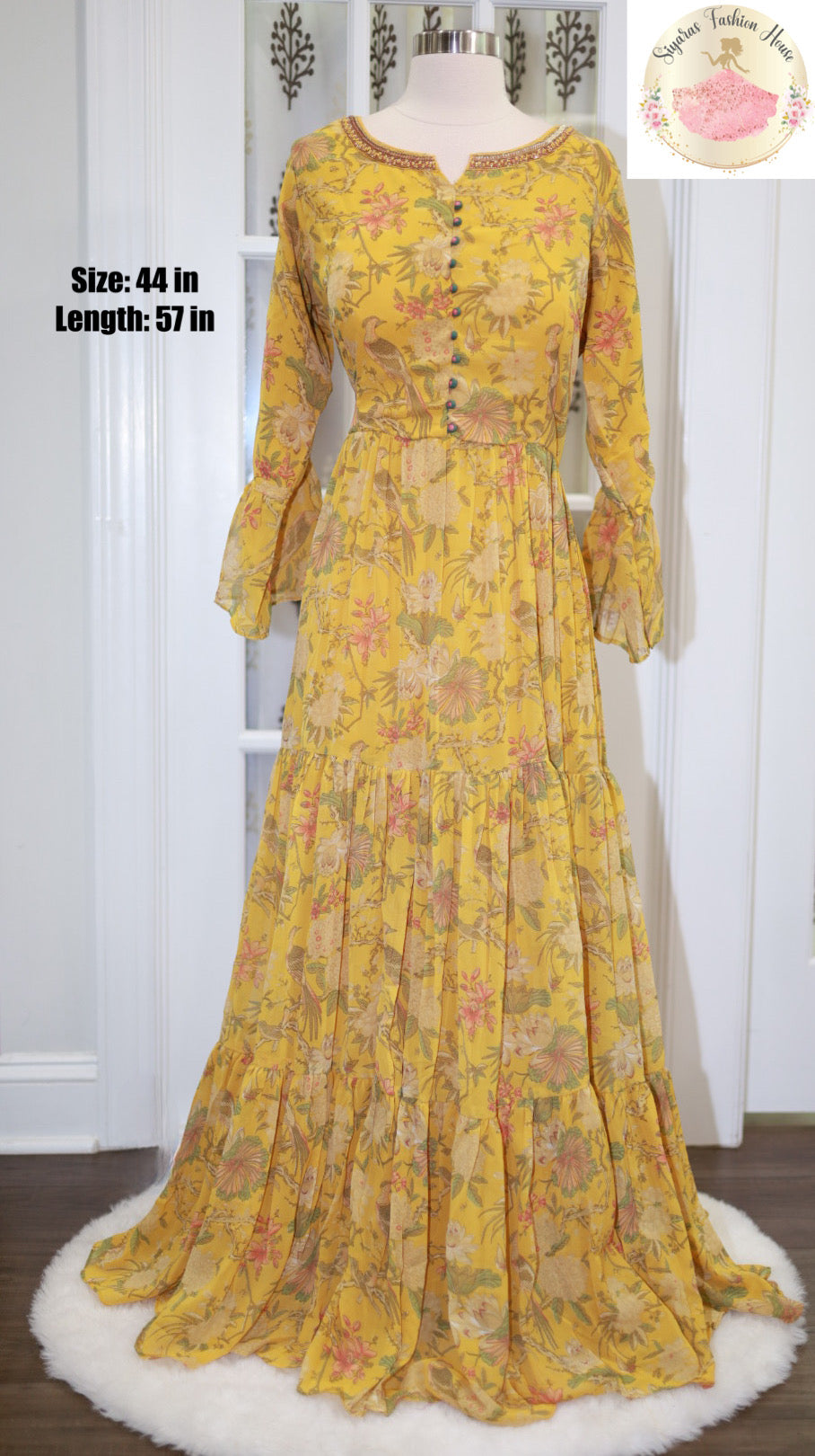Beautiful Layered Chiffon Gown tier pattern in Floral print light Mustard color