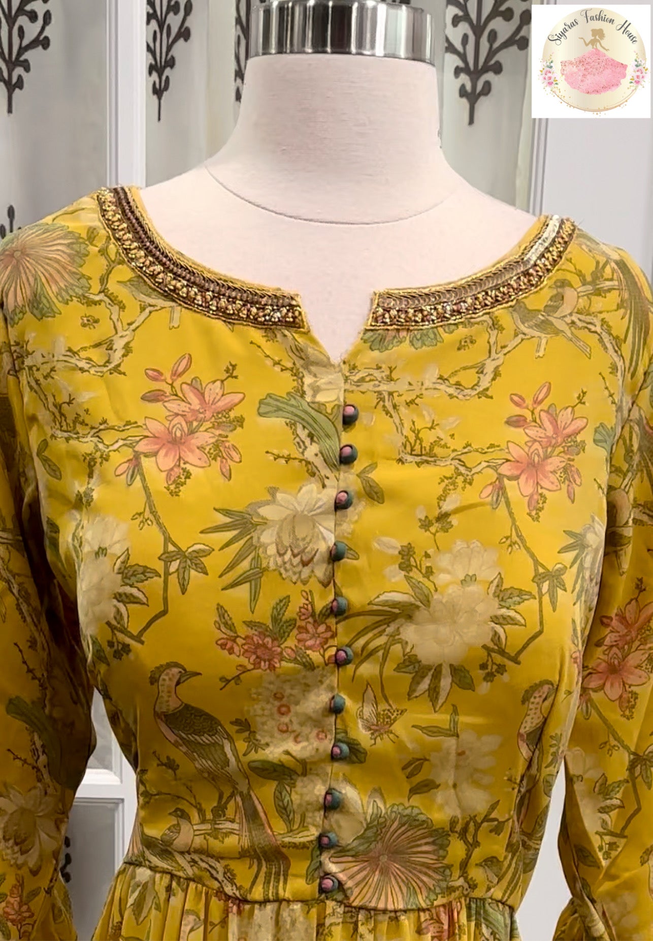 Beautiful Layered Chiffon Gown tier pattern in Floral print light Mustard color