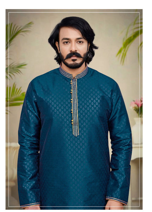 Mens Silk Kurta teal blue Pyjama Sets self weaving Partywear dress, wedding reception dress