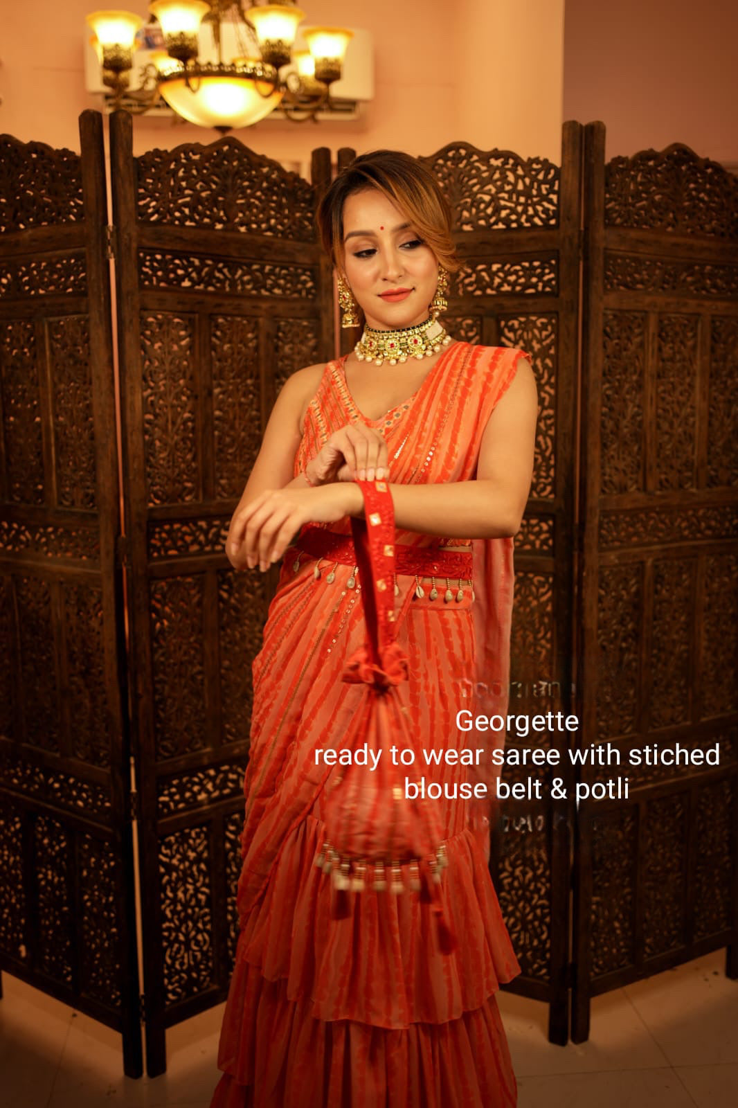 Trendy Ready to wear Saree /Dress orange With potli bag and hip belt