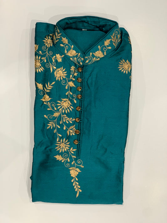 Mens Silk Kurta teal green Pyjama Sets self weaving Partywear dress, wedding reception dress