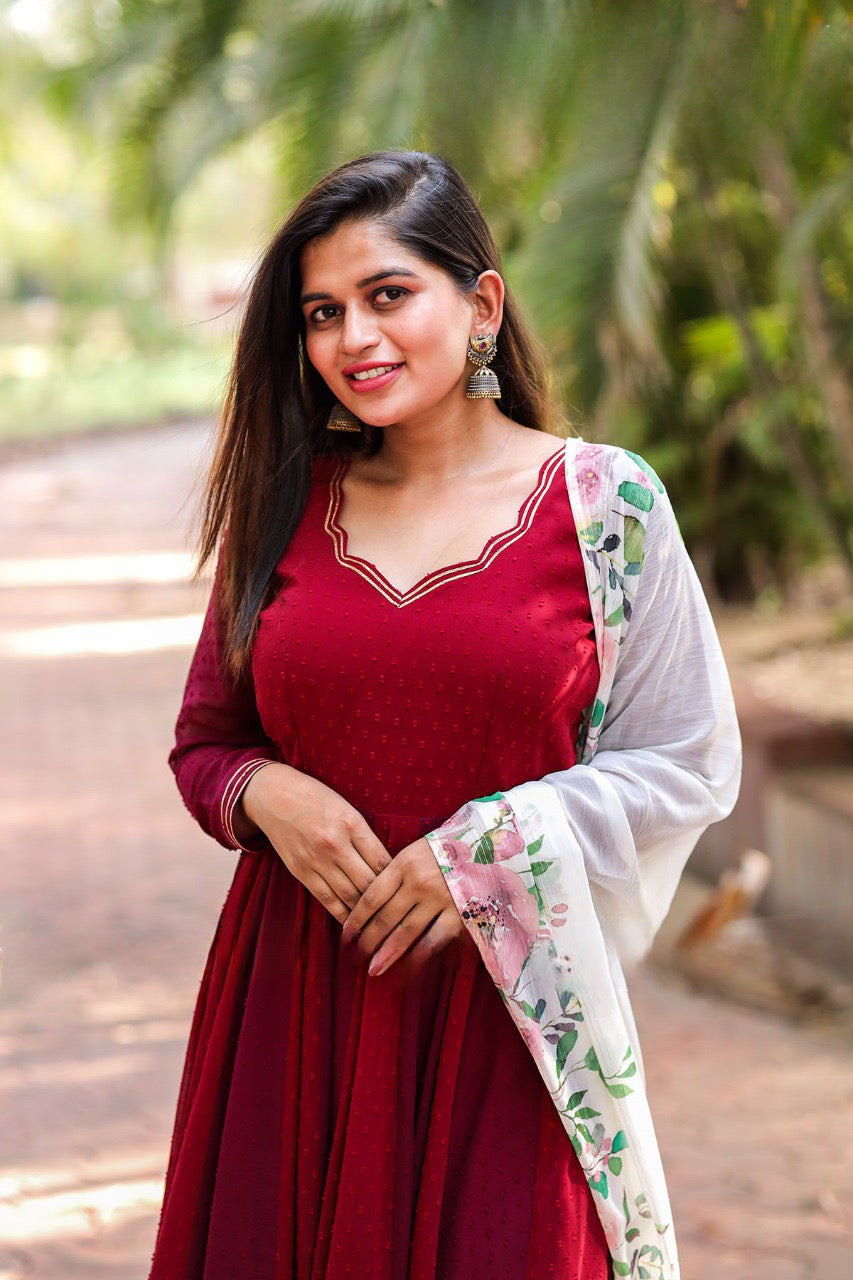 Georgette Flowy Anarkali gown with matching Dupatta in red wine color for Partywear