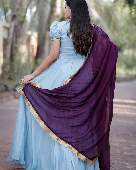 Uppada silk ling gown with wine organza Dupatta window