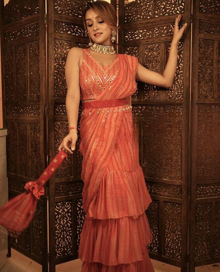 Trendy Ready to wear Saree /Dress orange With potli bag and hip belt