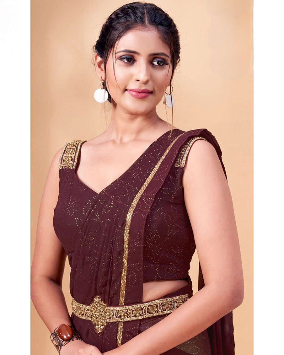Beautiful Georgette Ready to Wear saree which has a waistband with closure and comes with stitched blouse