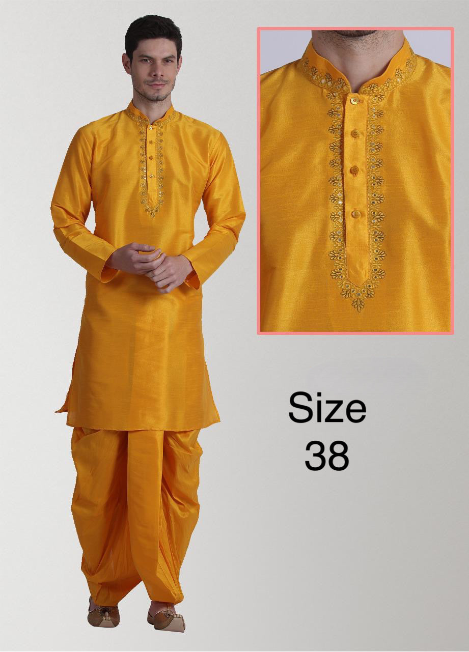 Mens yellow Silk Kurta with Dhoti Sets Partywear dress, wedding reception dres