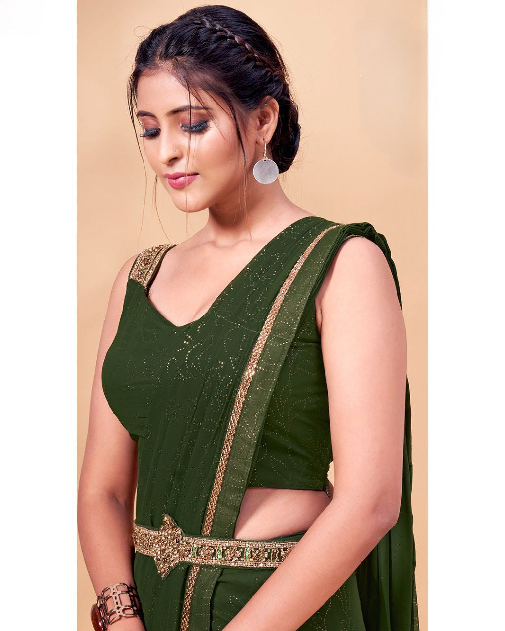 Beautiful Georgette Ready to Wear saree which has a waistband with closure and comes with stitched blouse
