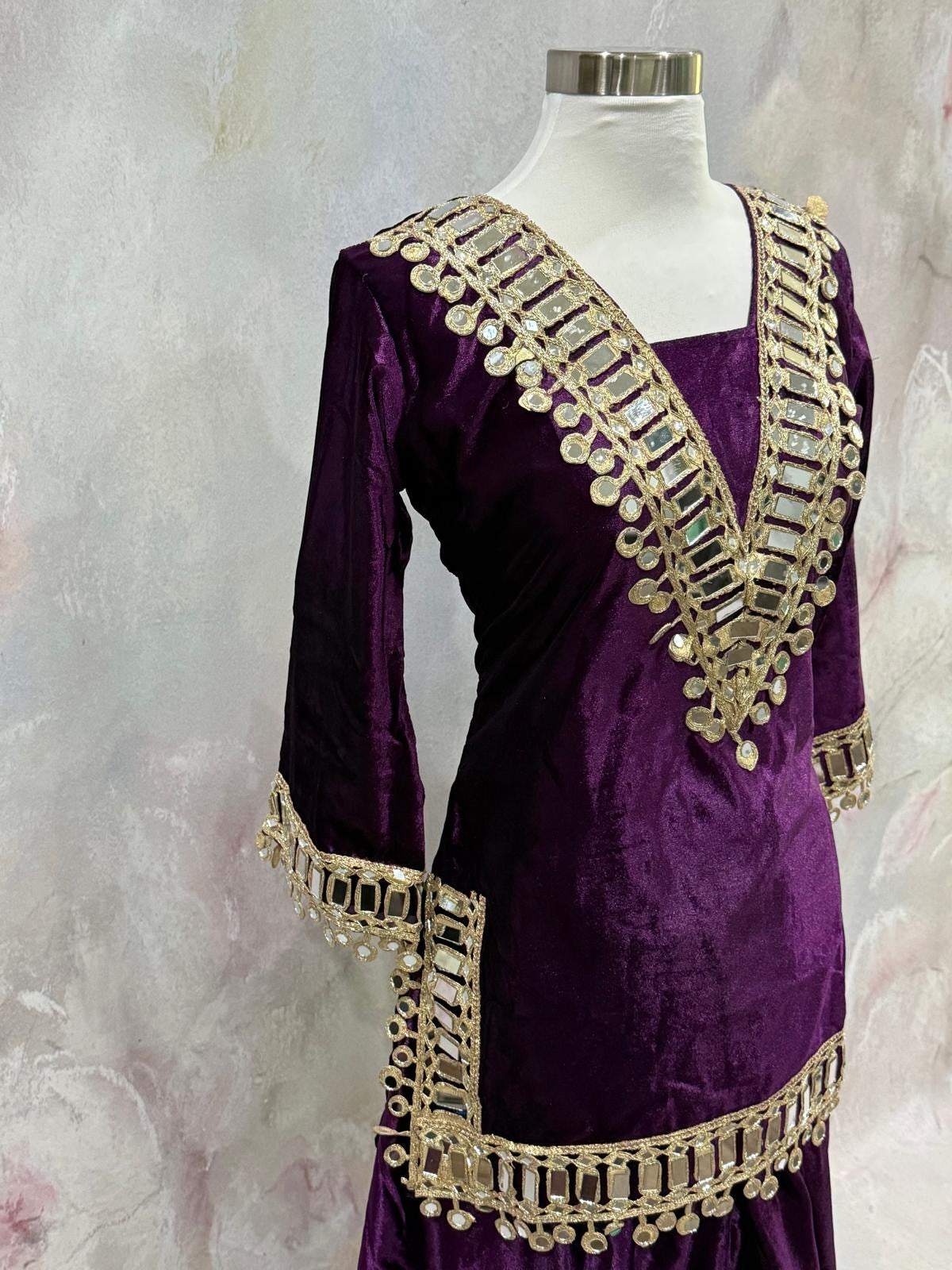 Gorgeous ice velvet Mirrorwork  Putple 2 pc Sharara set with potli bag , elegant wedding , Diwali outfit ready to ship size 36 , 38