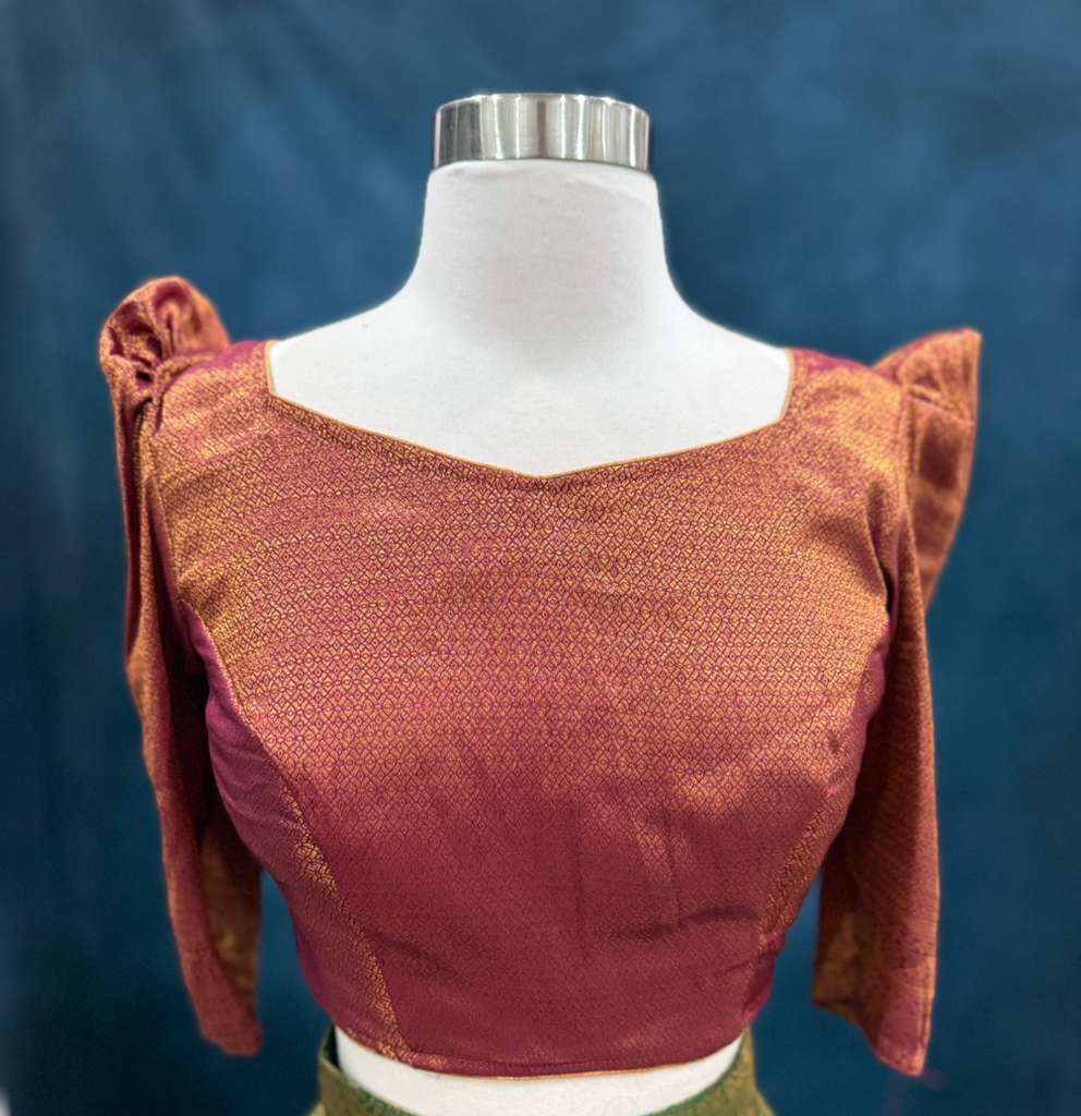 Gorgeous soft silk Half saree with butti hands in  rust magenta and green color combo stitched blouse size 36-42