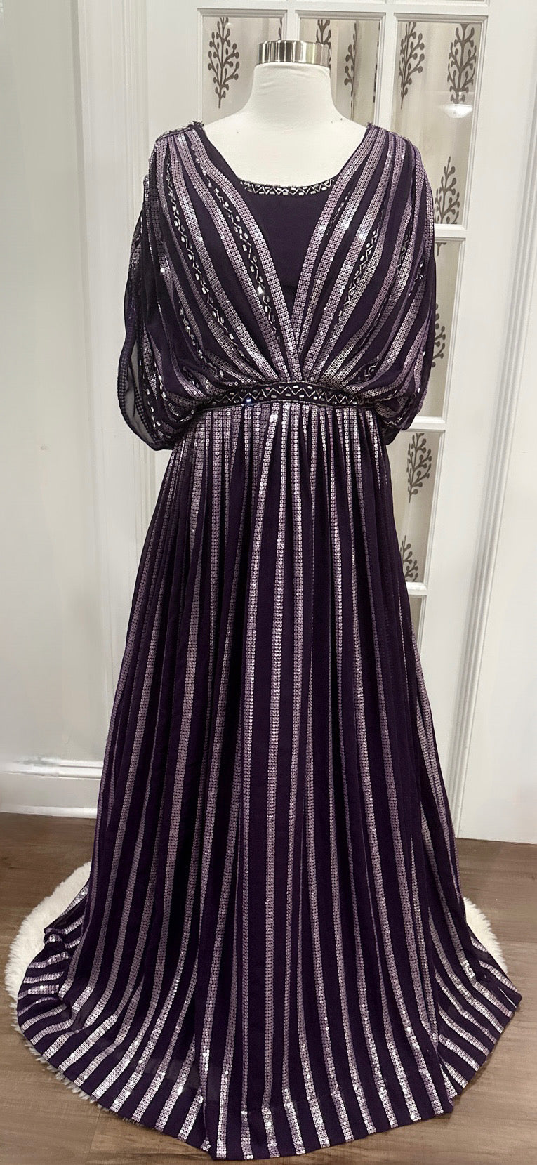 Elegant Indo-Western Partywear Gown in Dark Purple Georgette with Sequin Weave - Size 40, Length 61 inches