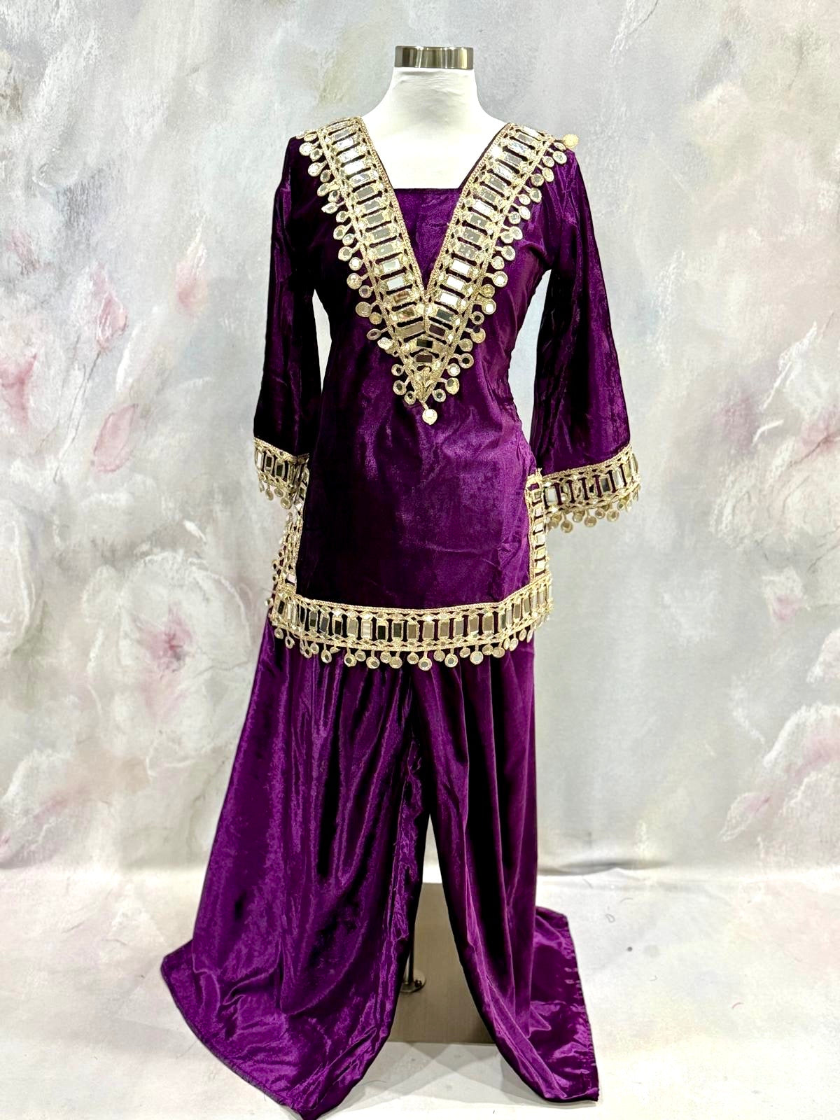 Gorgeous ice velvet Mirrorwork  Putple 2 pc Sharara set with potli bag , elegant wedding , Diwali outfit ready to ship size 36 , 38