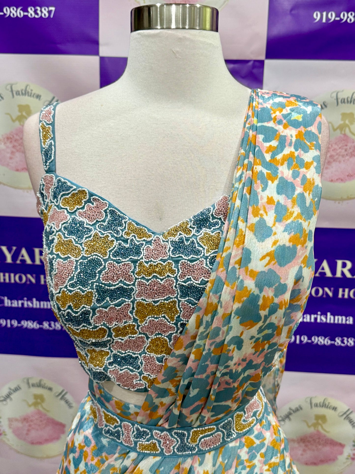 On sale Beautiful Designer Drape style saree. Ready to wear cocktail Saree with stitched Blouse and Belt. Available in chest size 42 ( XL )