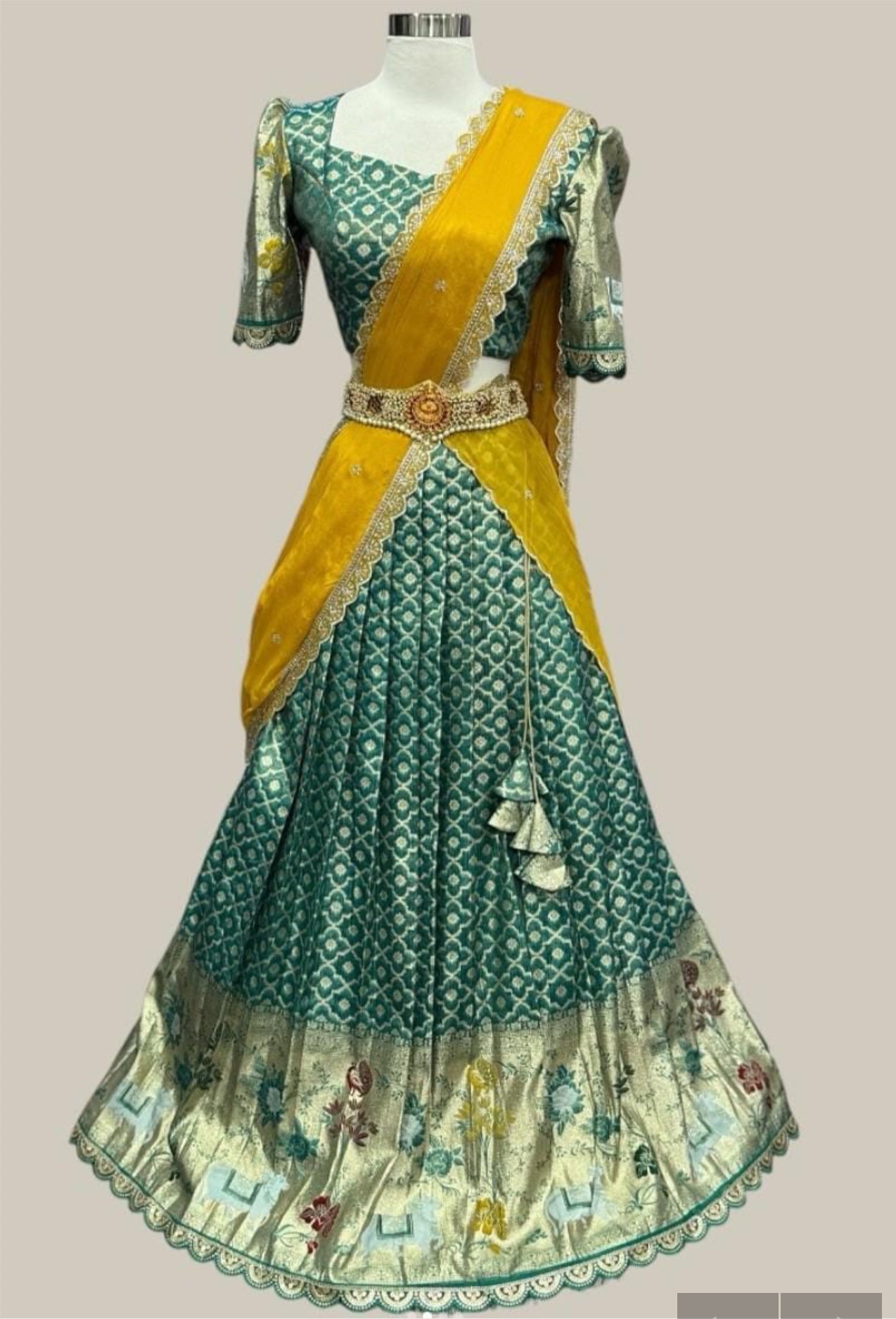 Tissue Half saree with kalamkari dupatta pastel green color size available in size 38 traditional , wedding dress