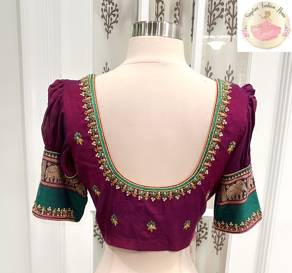 Narayanpet cotton half saree with elegant Maggam work blouse stitched set