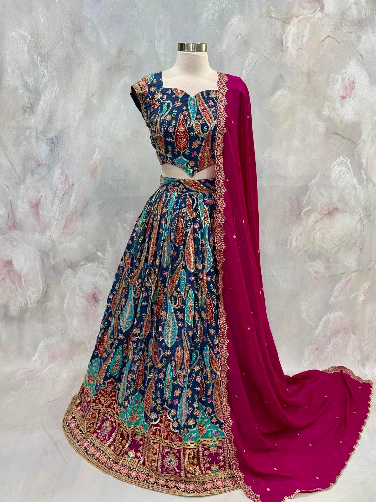 Beautiful Customized Position Print Designer Lehenga. Perfect for weddings. Available in chest size 40 to 46. Skirt waist 32 to 34.