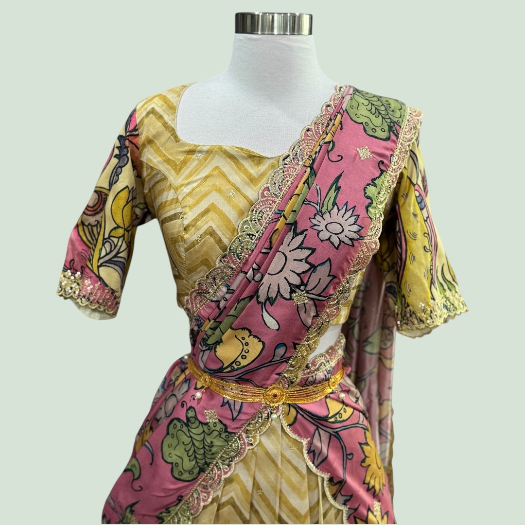 Beautiful customized Lehariya Kalamkari pure crepe soft silk half saree in size 38-42.