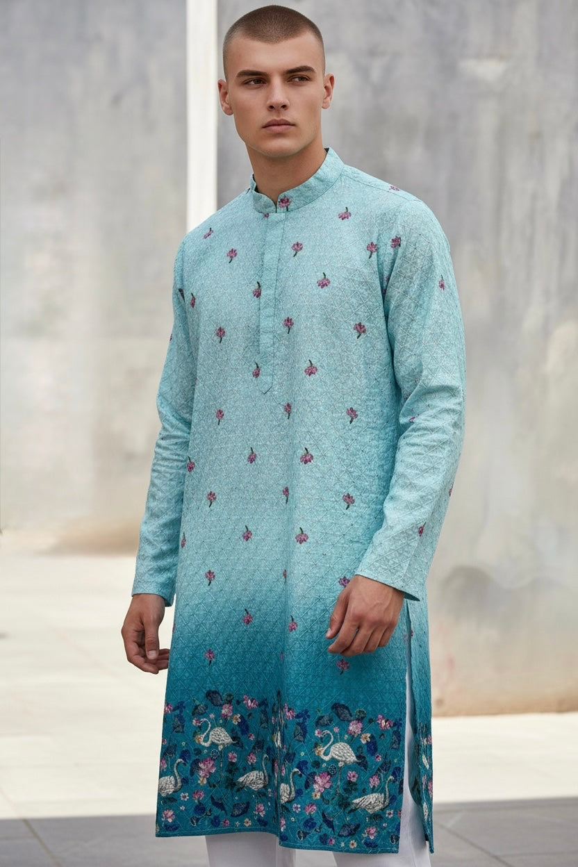Lovely Designer Kalamkari sequin partywear Kurta. Ready to wear kurta with white Pajama. Available in size 42.