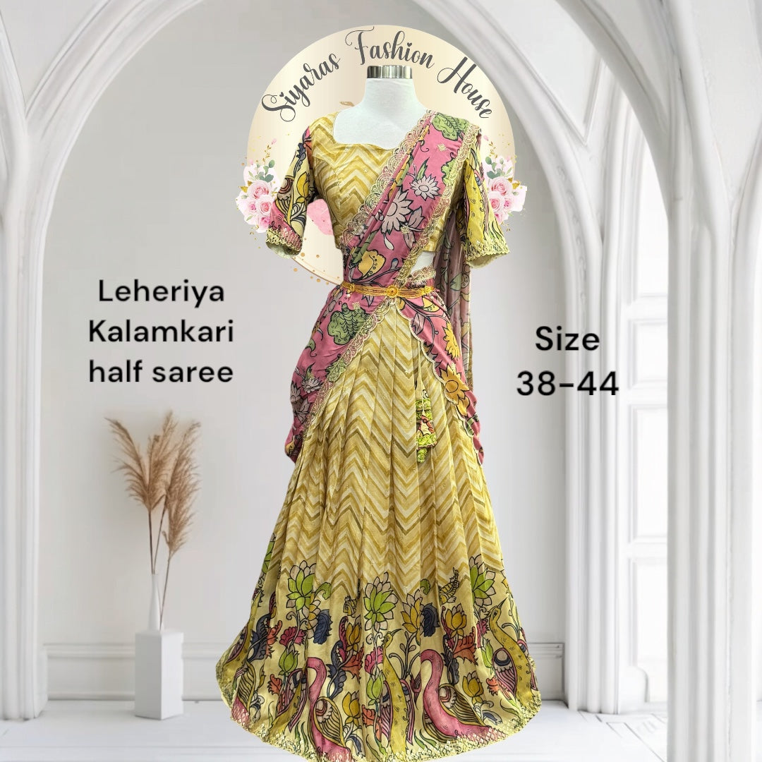 Beautiful customized Lehariya Kalamkari pure crepe soft silk half saree in size 38-42.