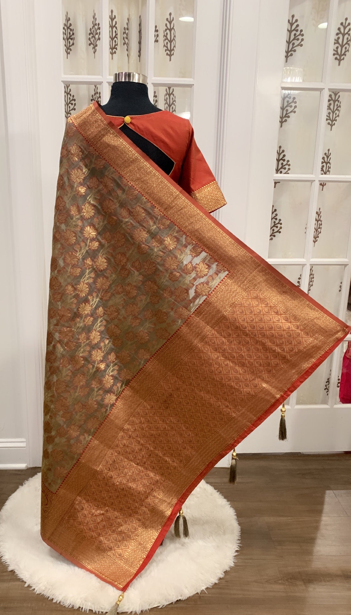 Elegant Rust color banarasi silk saree rich Pallu with stitched blouse