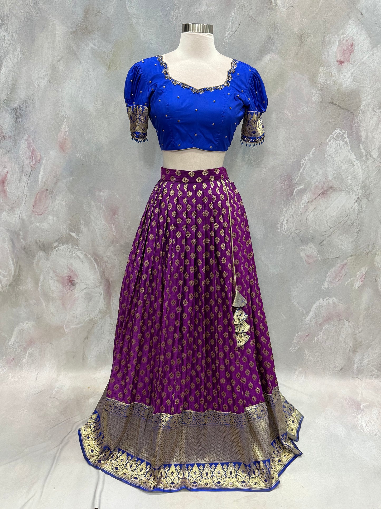 Beautiful Customized Banarasi silk half sarees in magenta purple and blue  hues Maggam work blouses and bead embellishments size 38 to 42