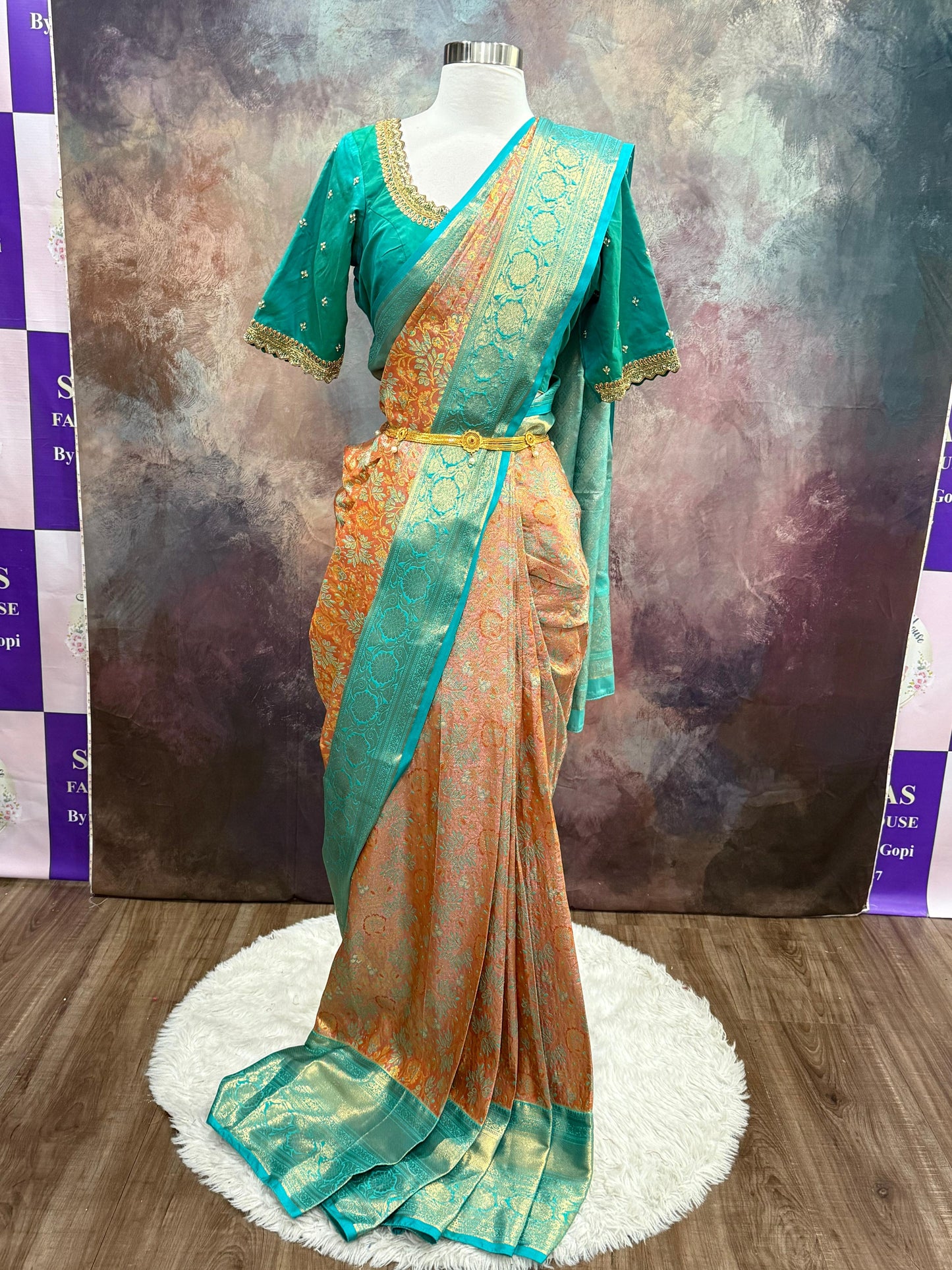 Beautiful Kanchi Pattu Saree with Hand work on blouse. Available in size 40 to 44. Can be altered to your size.