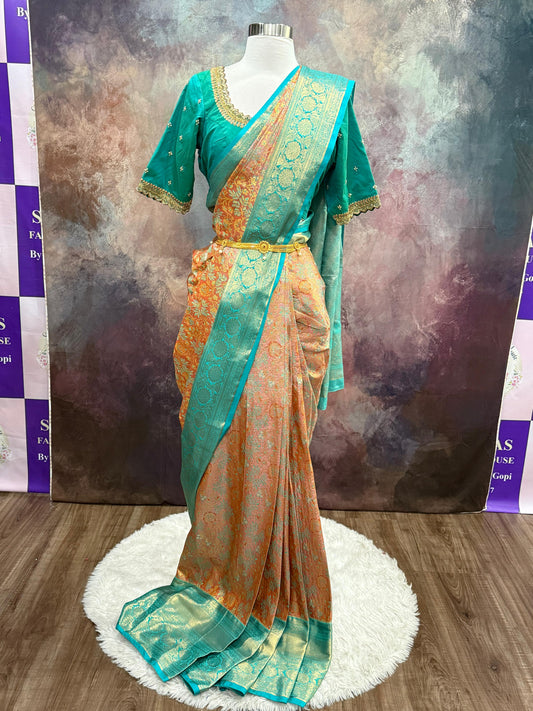 Beautiful Kanchi Pattu Saree with Hand work on blouse. Available in size 40 to 44. Can be altered to your size.