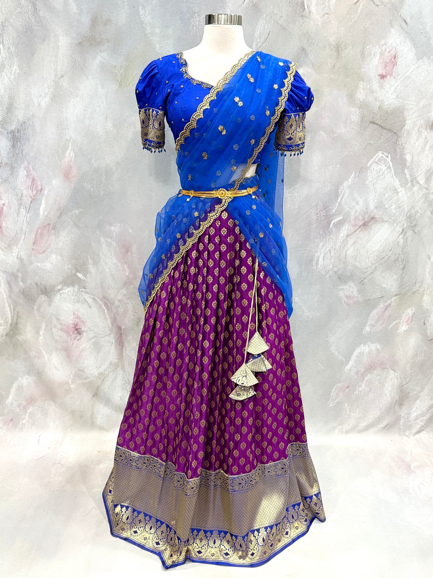 Beautiful Customized Banarasi silk half sarees in magenta purple and blue  hues Maggam work blouses and bead embellishments size 38 to 42