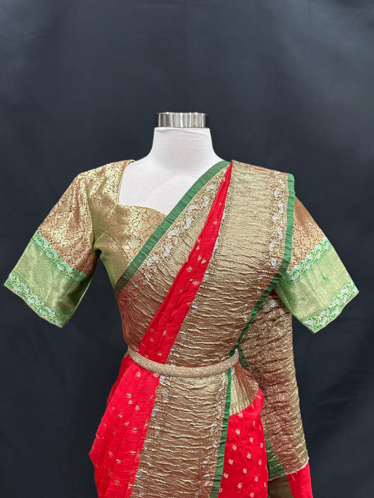 Elegant Red and Gold Banarasi Silk Saree with stitched blouse. Available in size 40 to 44.