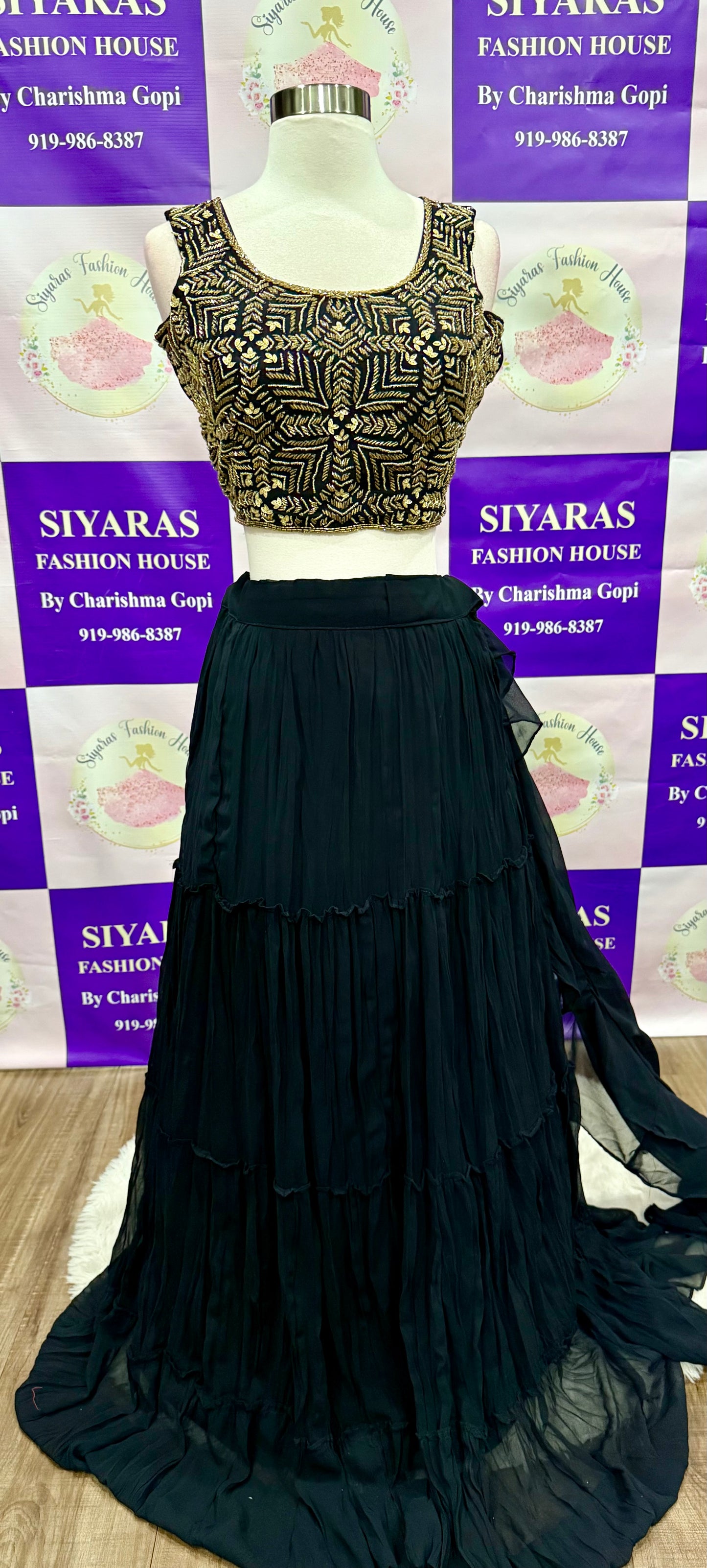 Beautiful Black Drape style part wear lehenga with work all over the blouse and come with the work hip belt. Available in size 36/38.