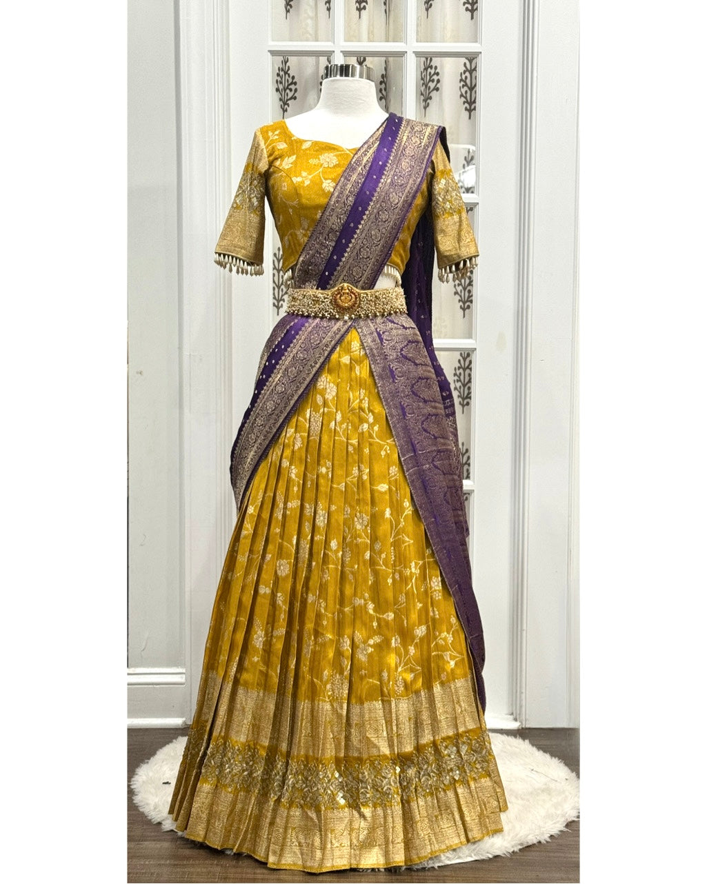 Beautiful Tissue silk half saree / Lehenga in this beautiful combo yellow and purple. Size available in 36,38 and 40.