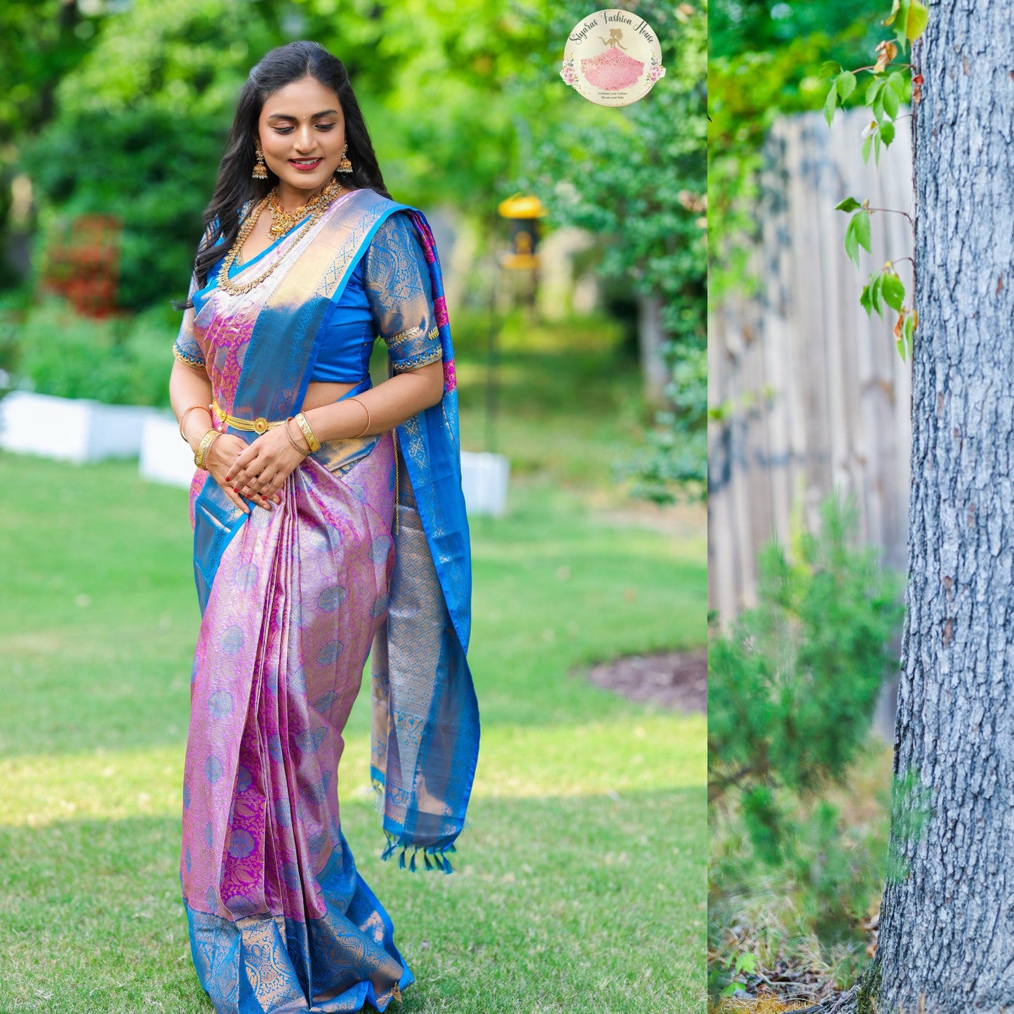 Elegant Kanchi Pattu saree in Light lavender and Blue hues with Maggam work stitched Blouse