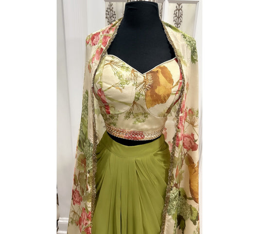 Chic Jacket style IndoWestern croptop Lehanga Mehendi green color size 40 Parywear Wedding outfit Trendy dress| Cocktail|mehendi|Rdy to ship