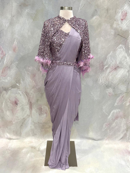 Elegance meets modern glamour! This stunning Indo-Western Ready-to-Wear Saree in a dreamy lavender shade. Size is 36/38