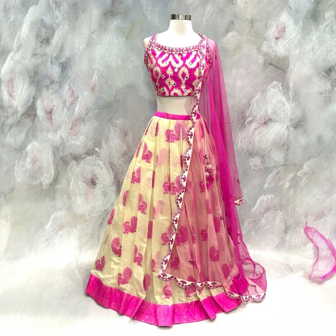 Beautiful pink and off white Lehanga choli with mirror work blouse size 36