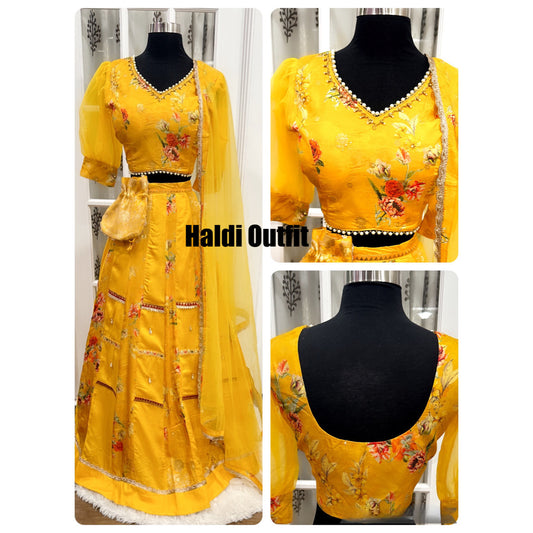 Beautiful floral yellow Lehenga perfect for haldi/party wear. Size available 36, 38 and 40