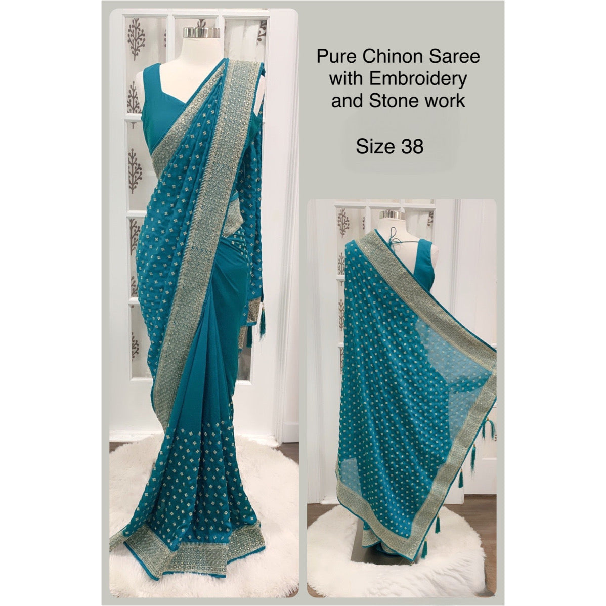 Beautiful cocktail Partywear teal blue Saree with stitched sleeveless blouse size 38