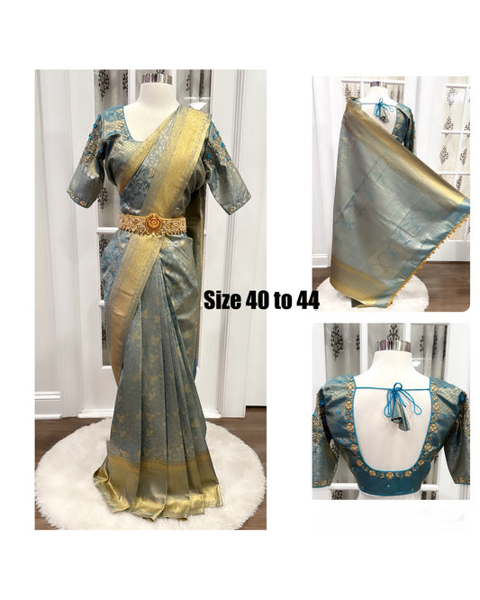 Banarasi Silk Saree with Floral Weave & Maggam Work Blouse - Size 42 to 45