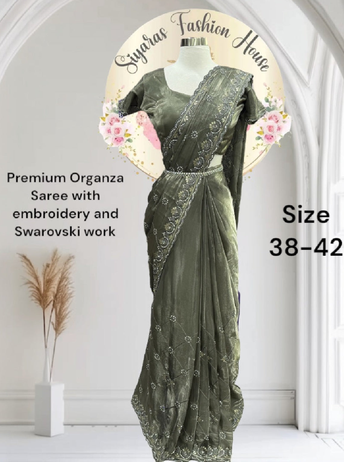 Premium Partywear organza saree. A subtle sparkle of Swarovski & elegant embroidery for a truly timeless look. 
 Comes with matching satin inner skirt , Blouse fits 38-42.