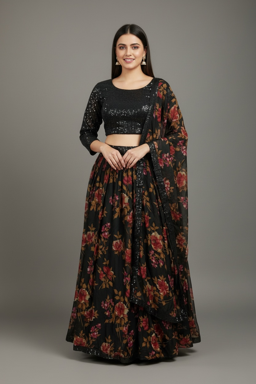 Elegant Sequence Partywear sequin floral  Lehenga Size 44 midnight bloom elegant reception cocktail size inclusive partywear Lehanga