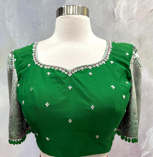 Beautiful Customized Banarasi silk half sarees in Green and bubble gum pink hues Maggam work blouses and bead embellishments size 34 to 36