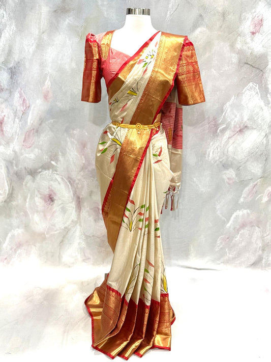 Kanchi Tissue Silk Saree with Stitched Designer Blouse Size 36-40 | Kanchipuram Gold Zari Wedding Saree | South Indian Bridal Festive Wear