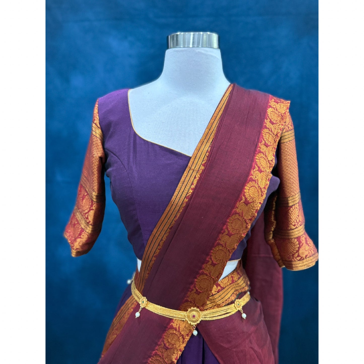 Traditional customized narayanpet cotton half saree , langa voni brinjal Color and maroon red color combo size 38 to 42
