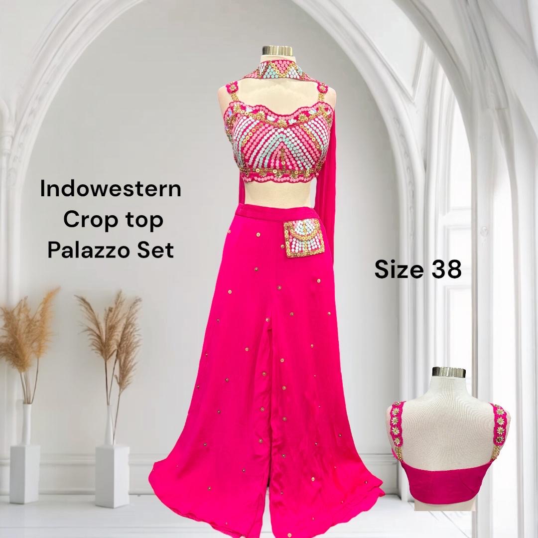 Hot Pink Mirror Work Crop Top Palazzo Set with Potli pocket. Available in size 38