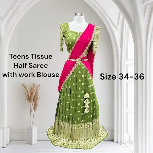 Featuring rich hues of green & pink, Iron pleat finished with shimmering borders for a regal festive look 💫👑

Size 34-38
Maggam work front full and back..