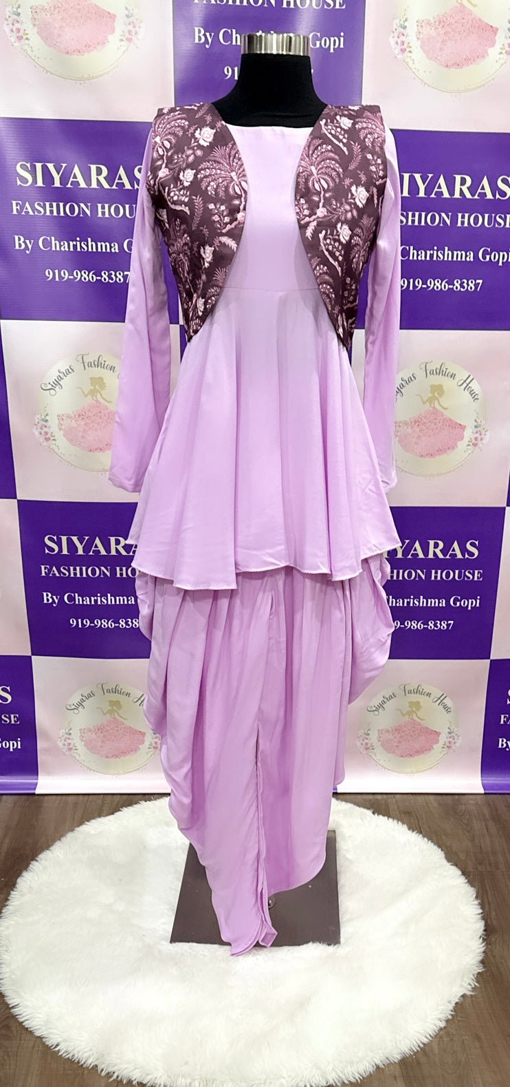Elegant lavender Dhoti  Style Dress with peplum top and Kalamkari Jacket