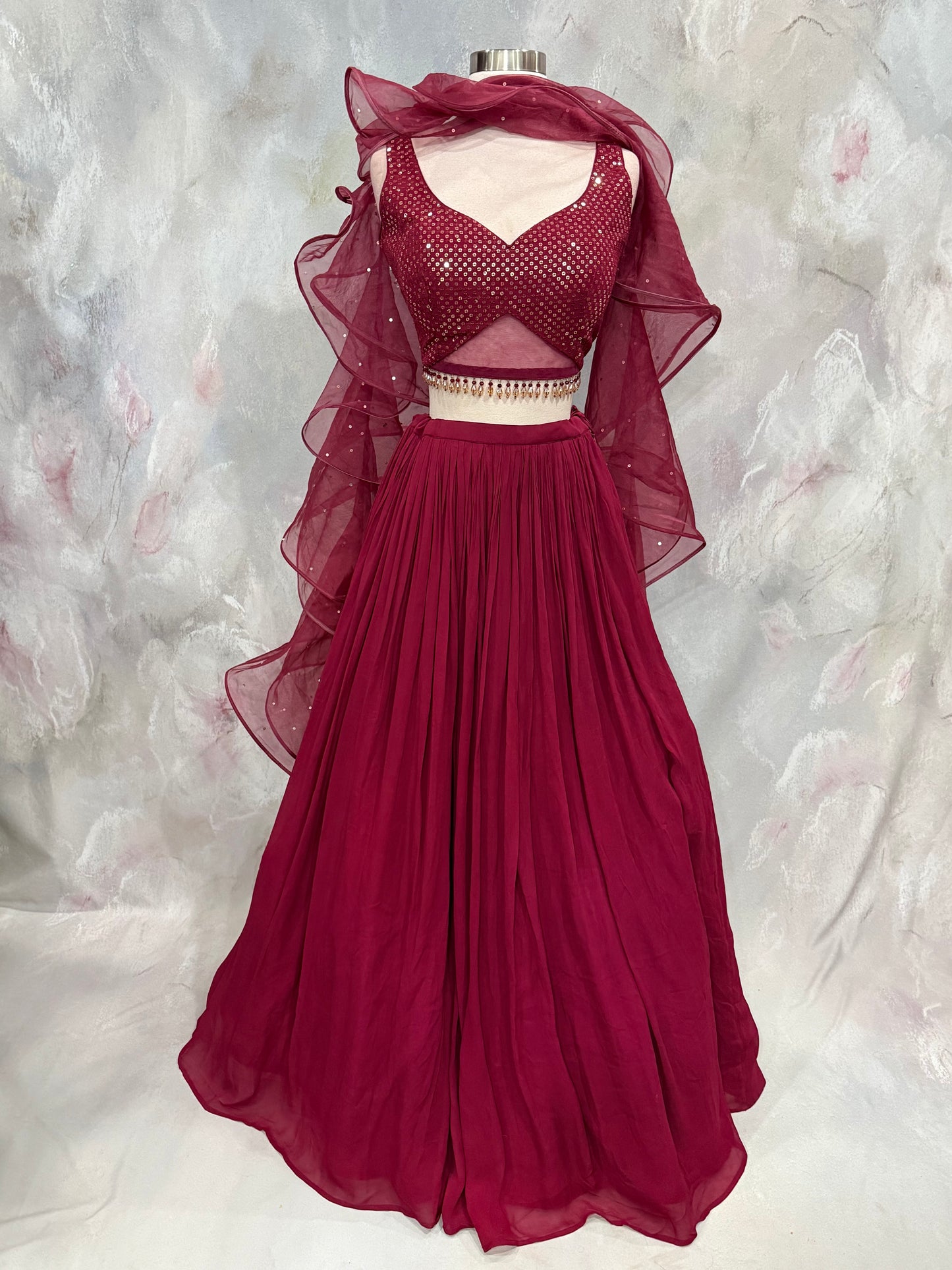 Wine-Hued Glamour Indowestern Croptop Georgette  Lehanga with Ruffle organza dupatta size 36/38 stylish blouse bead embellishments