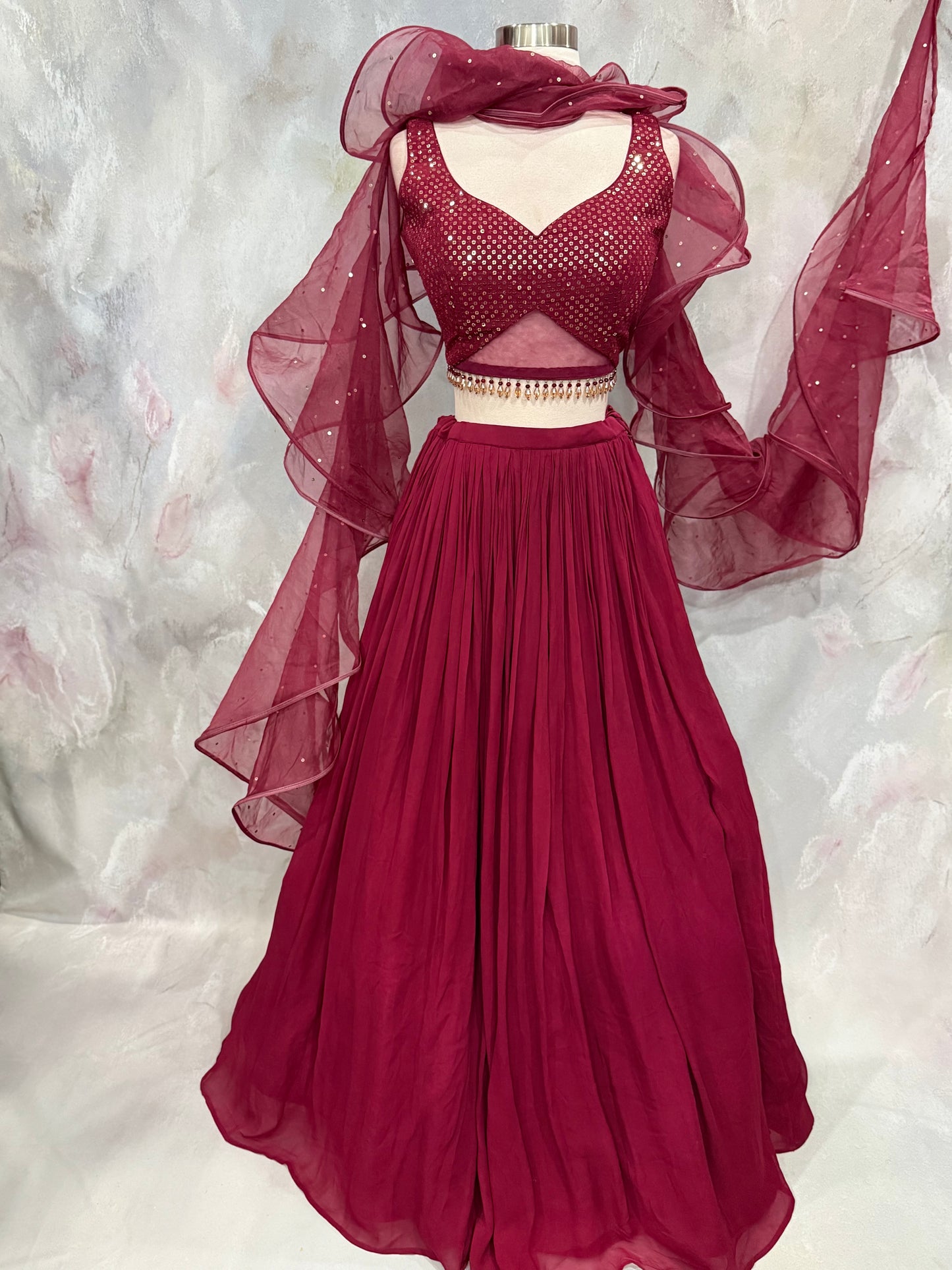 Wine-Hued Glamour Indowestern Croptop Georgette  Lehanga with Ruffle organza dupatta size 36/38 stylish blouse bead embellishments