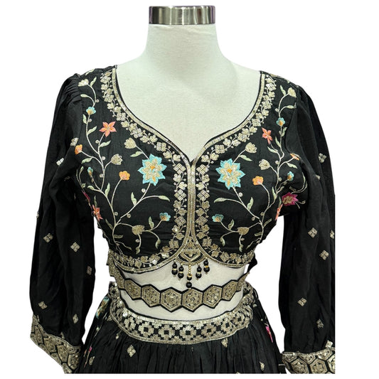 Gorgeous Black Lehanga Choli  with  multi color sequence embroidery size 38 in chinon fabric, Partywear Dress Ready to ship USA