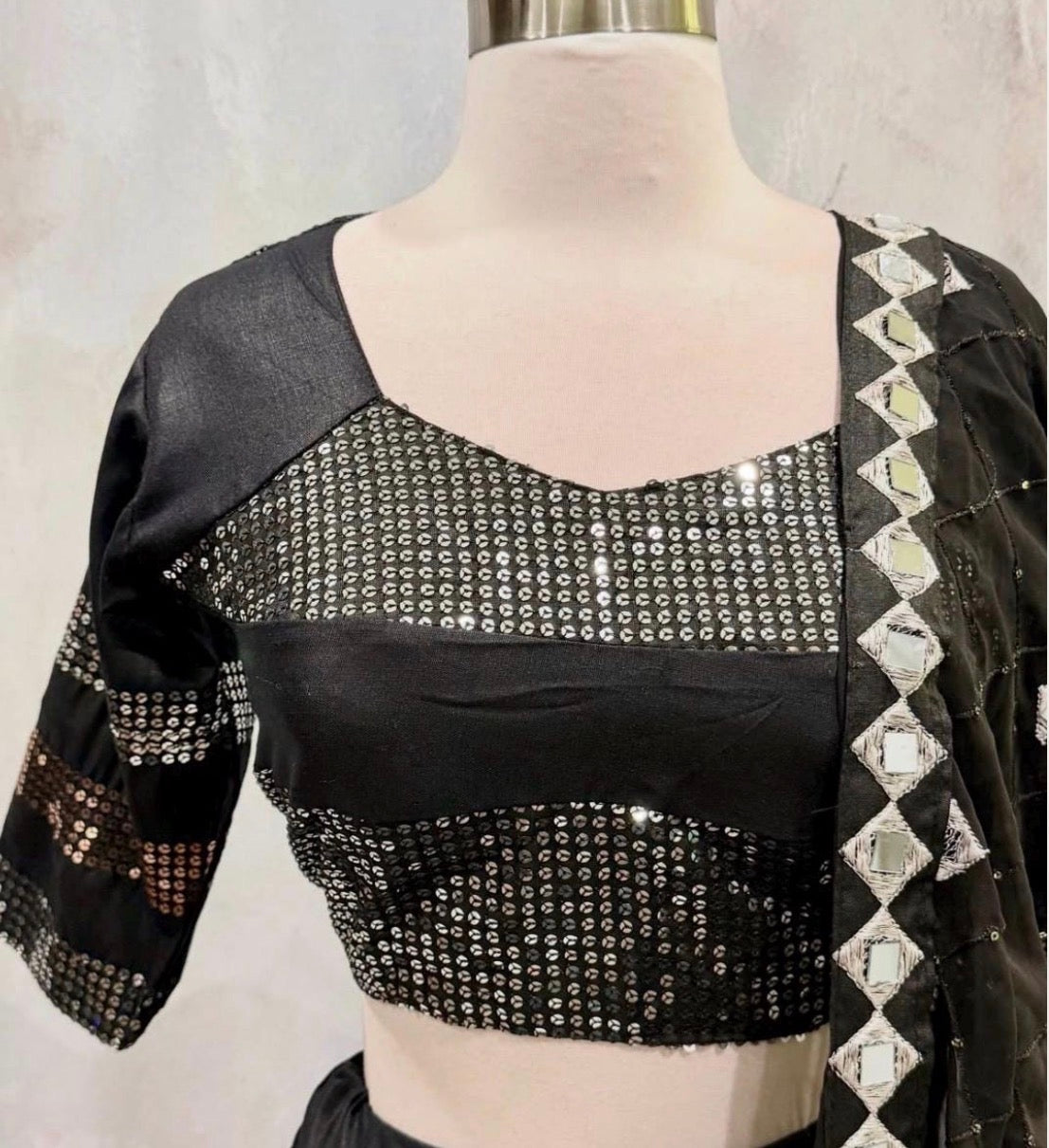 Elegant Black Sequnce work  Chaniya Choli size 40 patch work style flair lehanga size 38-40 Chaniya 8-10 mtr real mirror work dupatta