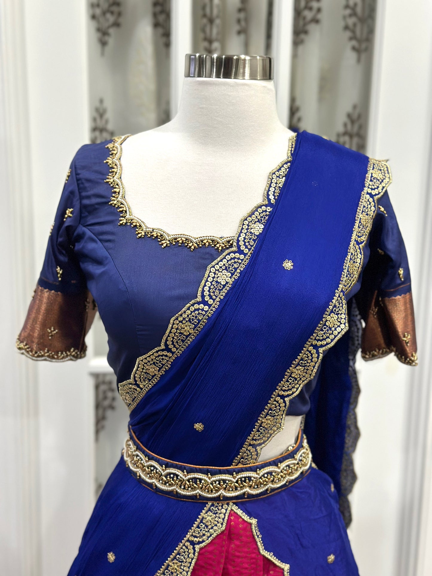 Traditional Kanchi Half saree for teens /adults with Maggam work blouse and waist belt in elegant combo of blue and fuschia pink size 36